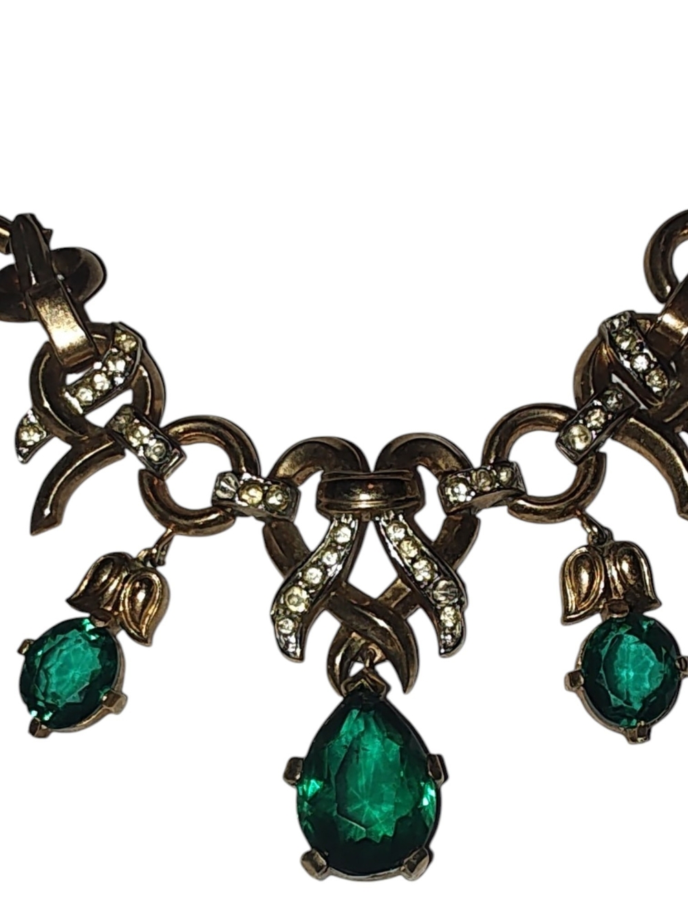 Trifari Vintage Green Rhinestone Teardrop Dangle Statement Necklace Medieval - Picture 3 of 9
